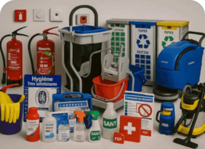 Produits d'entretien, extincteurs, équipements de sécurité