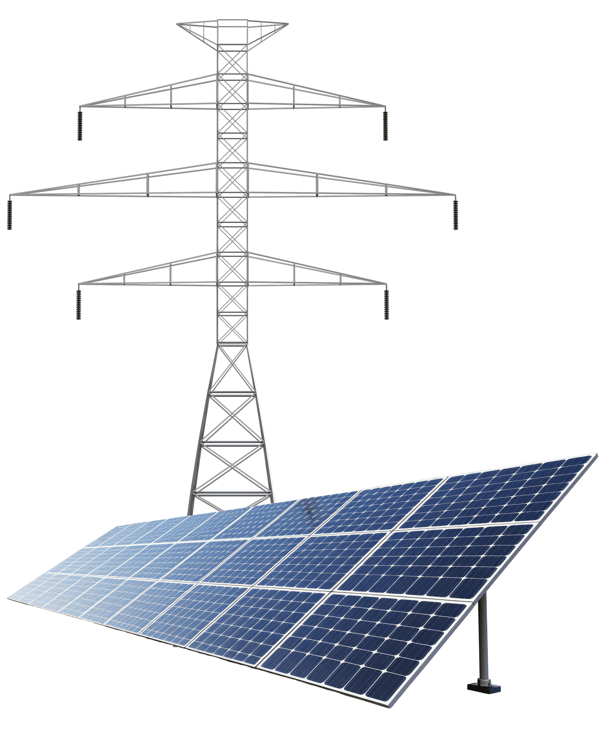 Pylône électrique et champ de panneaux solaires — production d'énergie indépendante