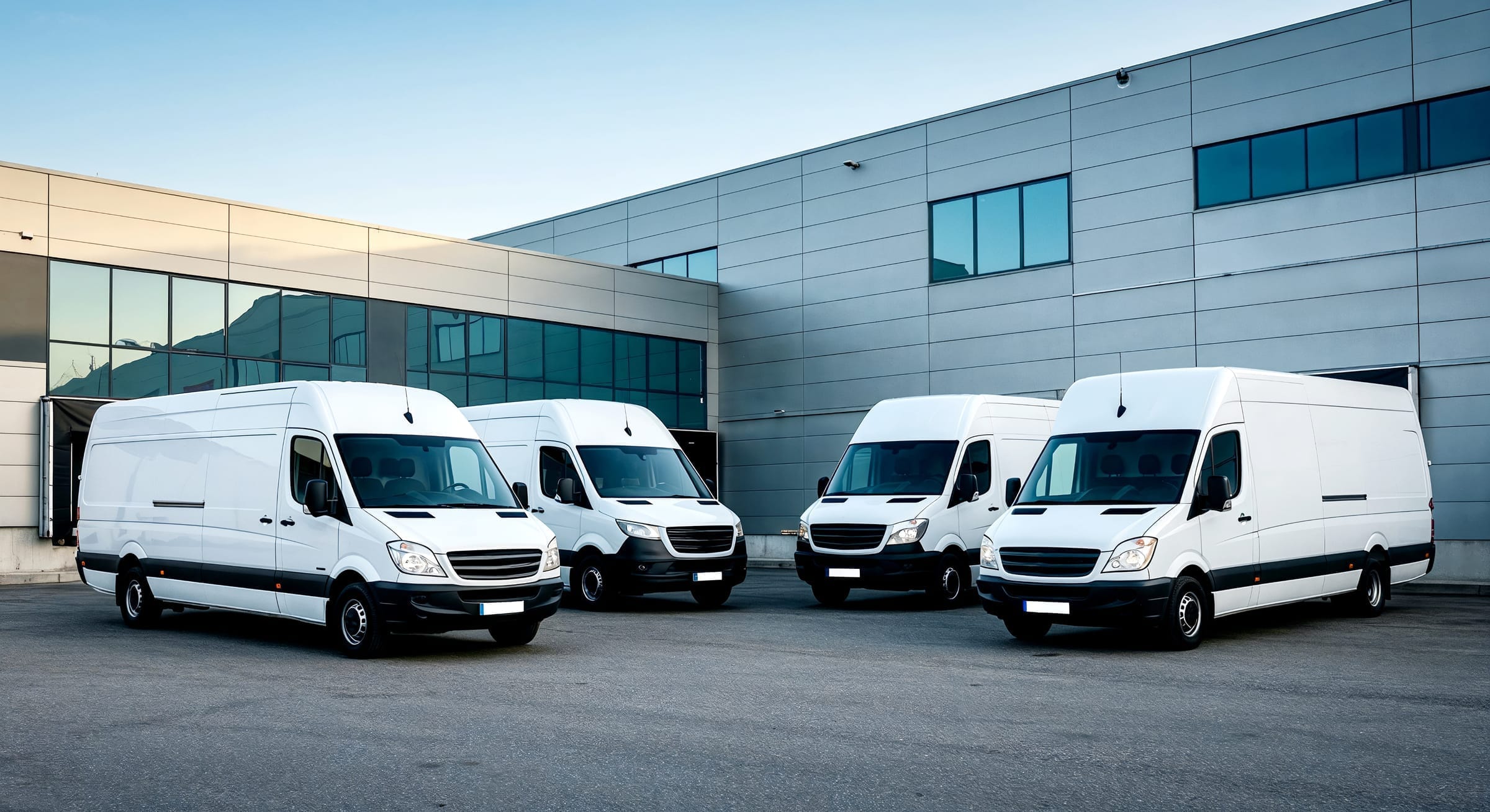 Flotte de véhicules utilitaires devant un dépôt